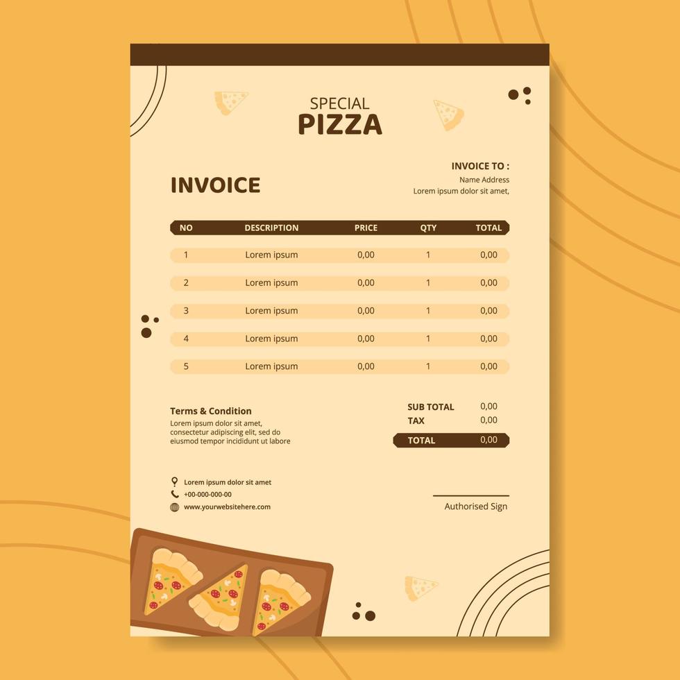 plantilla de factura de comida de pizza ilustración de vector de fondo de dibujos animados dibujados a mano