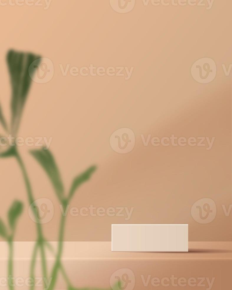 Cosmetic light brown background minimal and premium podium display for product presentation branding and packaging presentation. studio stage with shadow of leaf background. 3D illustration design photo