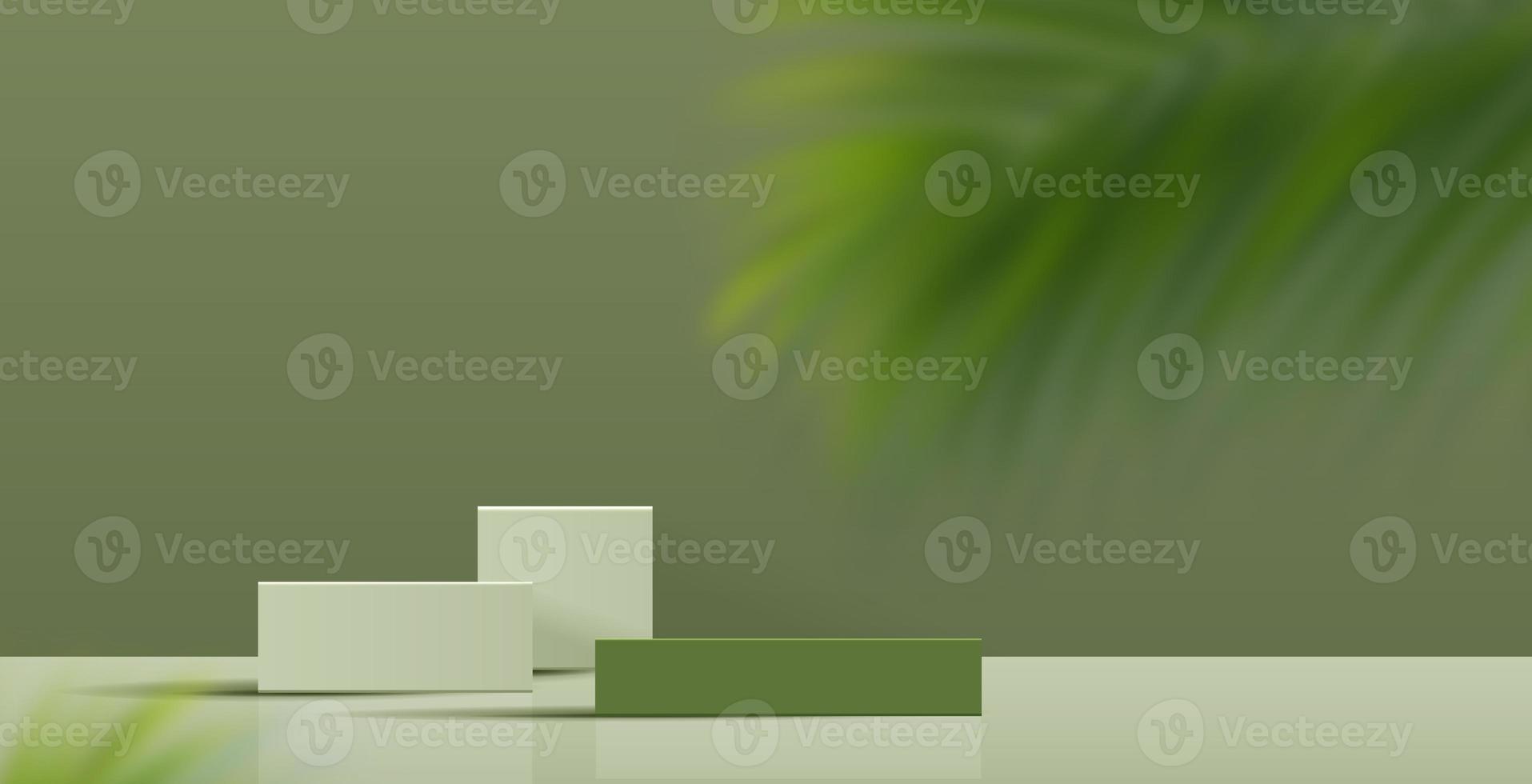 Cosmetic green background minimal and premium podium display for product presentation branding and packaging presentation. studio stage with shadow of leaf background. 3D illustration design photo