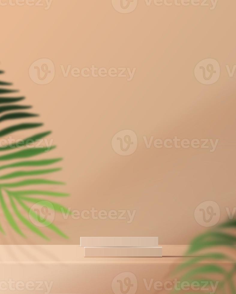 Cosmetic light brownbackground minimal and premium podium display for product presentation branding and packaging presentation. studio stage with shadow of leaf background. design photo