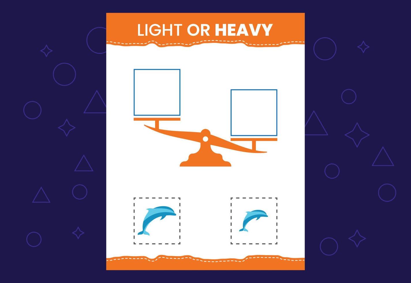 Light or heavy educational worksheet with scales. Heavier and lighter weight object learning vector