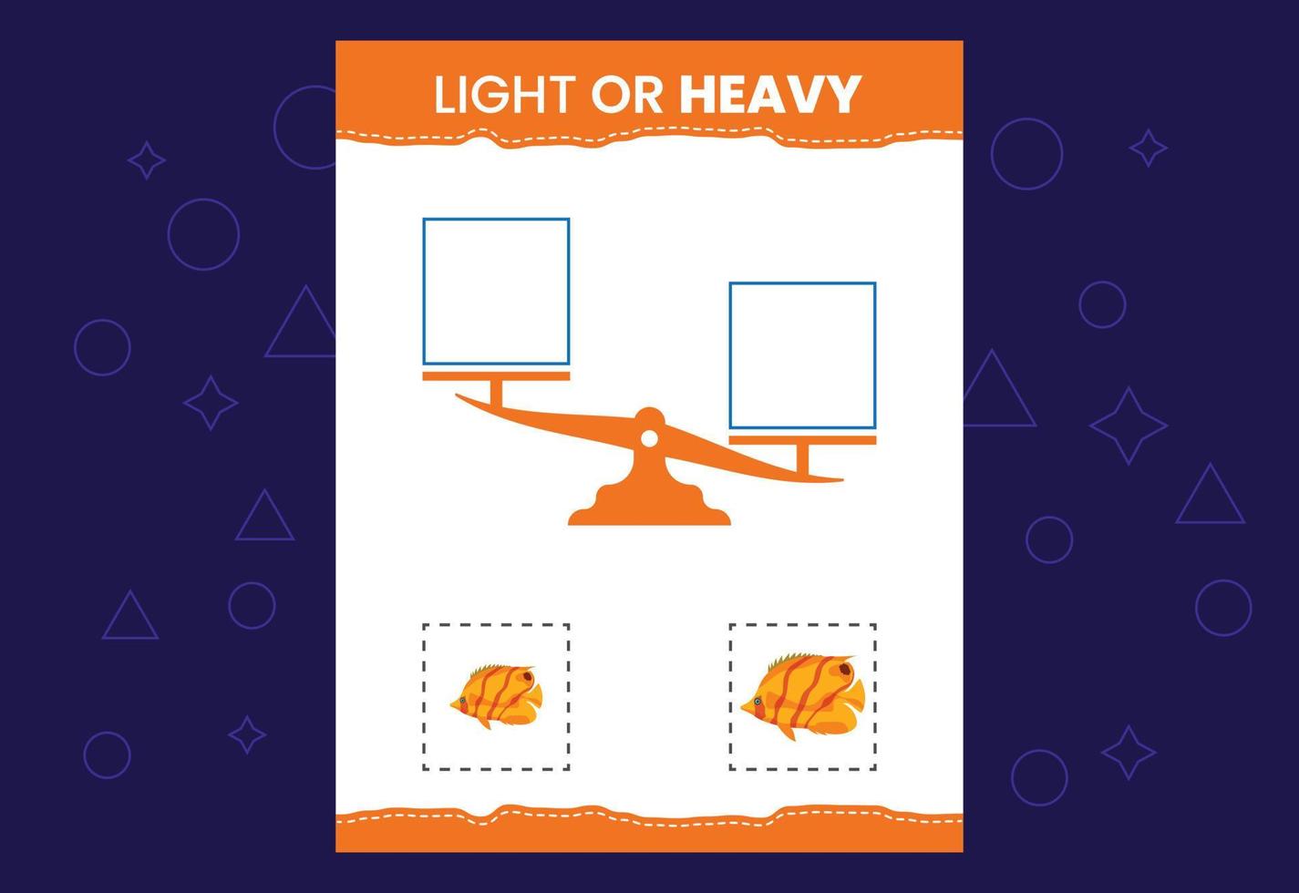 Light or heavy educational worksheet with scales. Heavier and lighter weight object learning vector