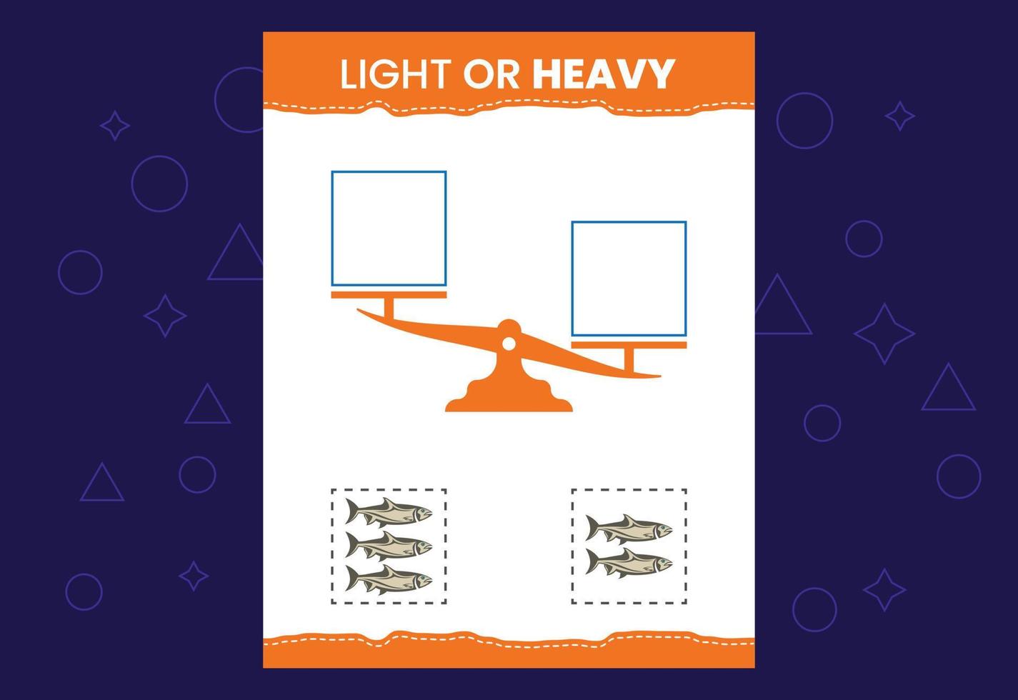 Light or heavy educational worksheet with scales. Heavier and lighter weight object learning vector