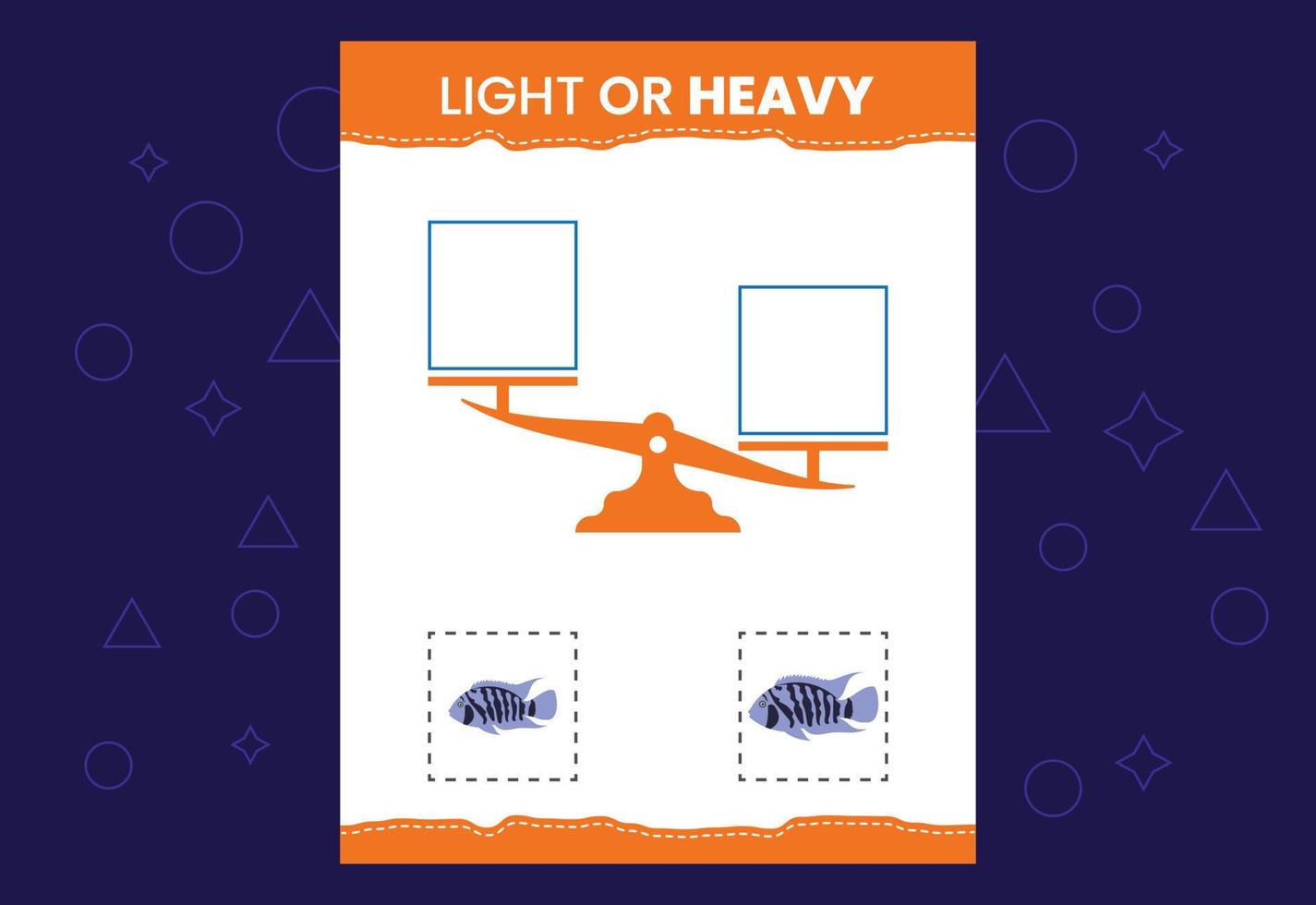 Light or heavy educational worksheet with scales. Heavier and lighter weight object learning vector