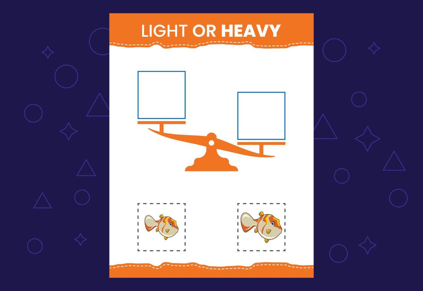 Light or heavy educational worksheet with scales. Heavier and lighter weight object learning vector