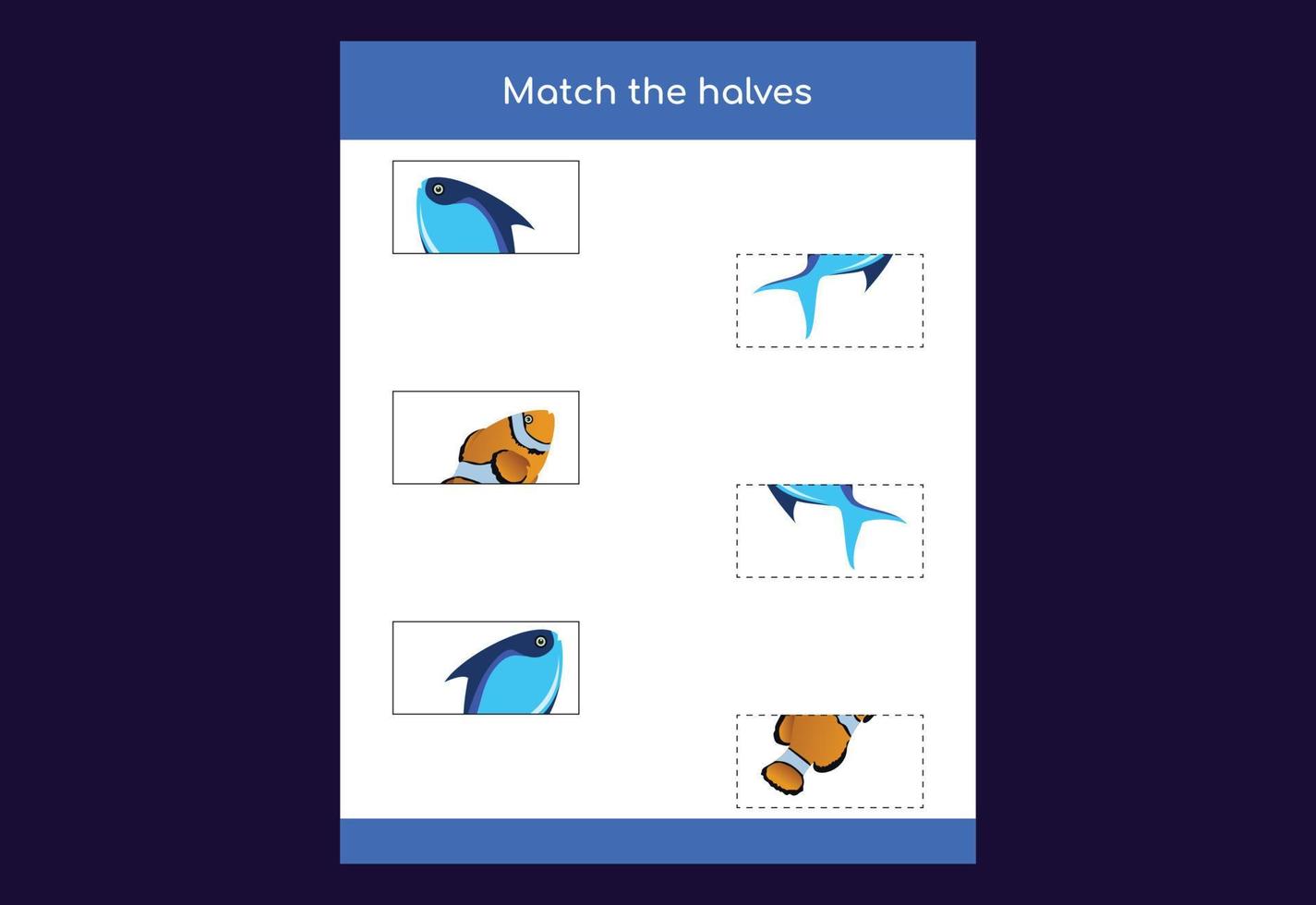 Matching game. Match halves of fish. Educational game for children, printable worksheet vector