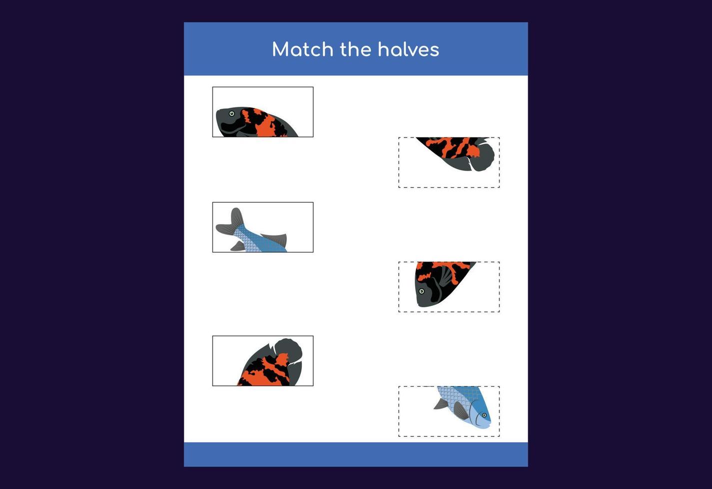 Matching game. Match halves of fish. Educational game for children, printable worksheet vector