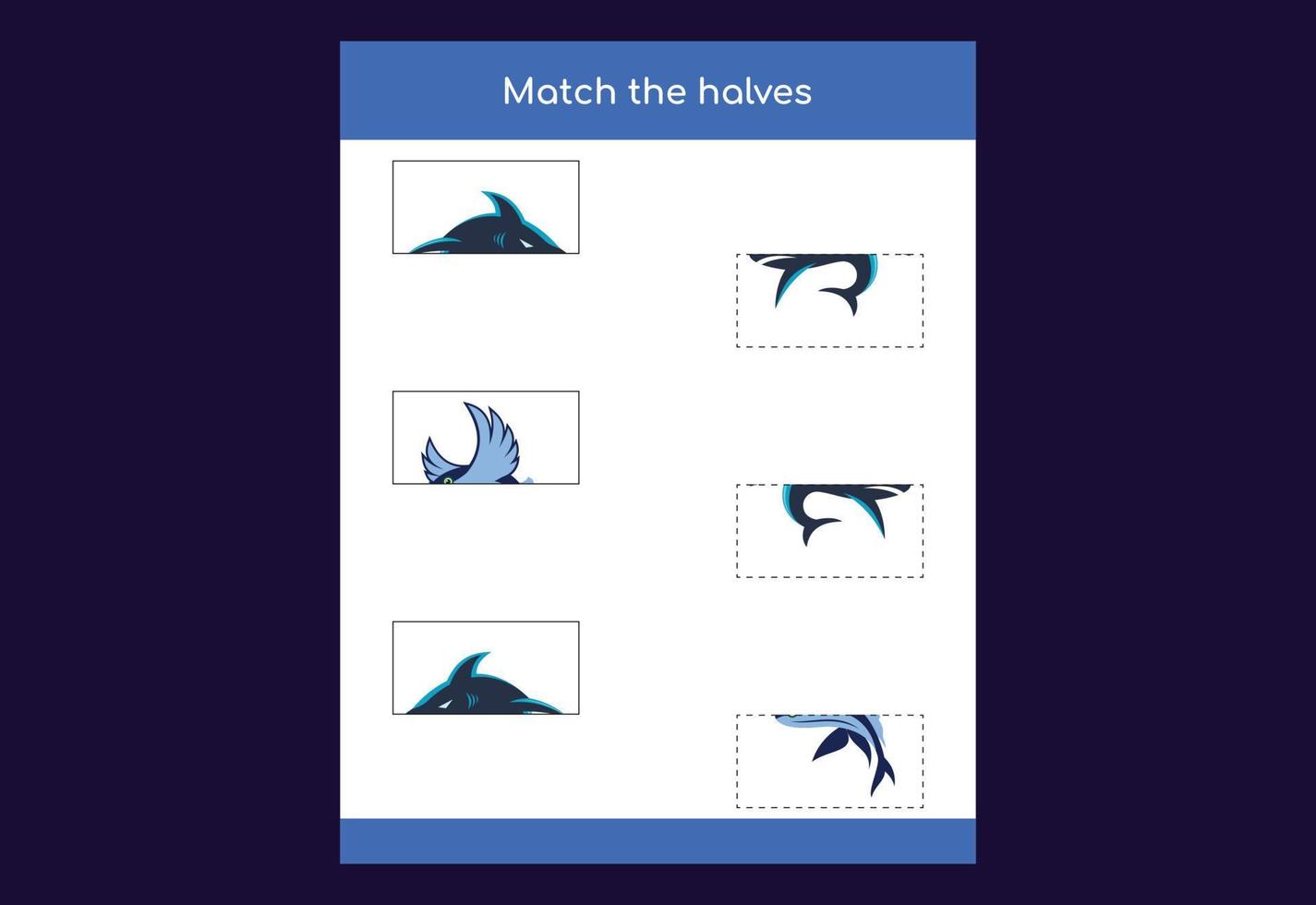 Matching game. Match halves of fish. Educational game for children, printable worksheet vector