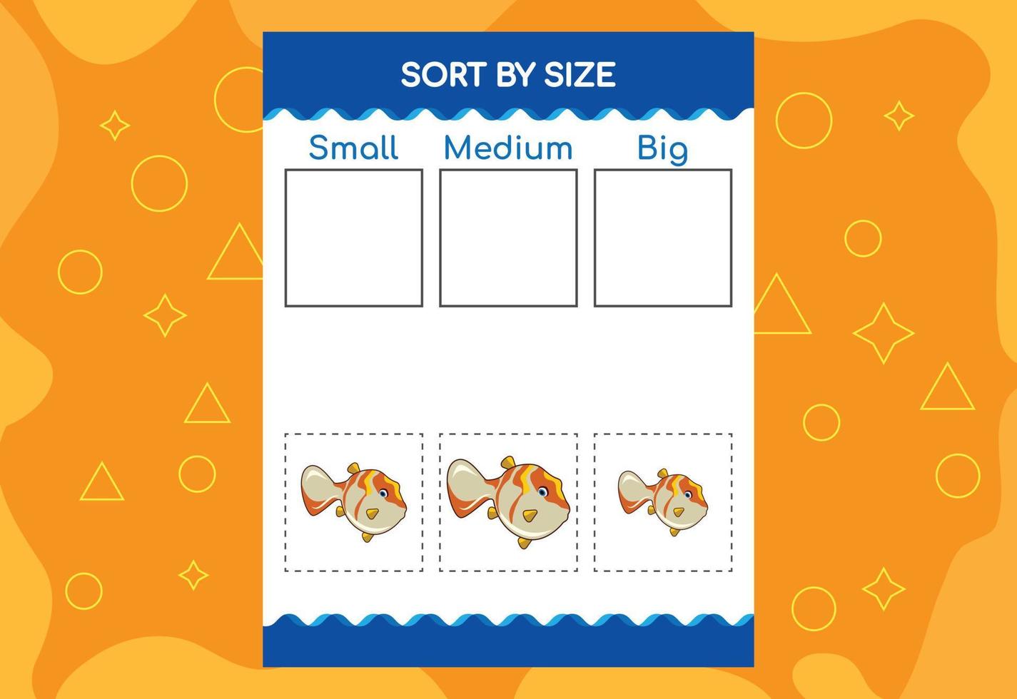 Sort images by size. Educational Worksheet For Kids. vector