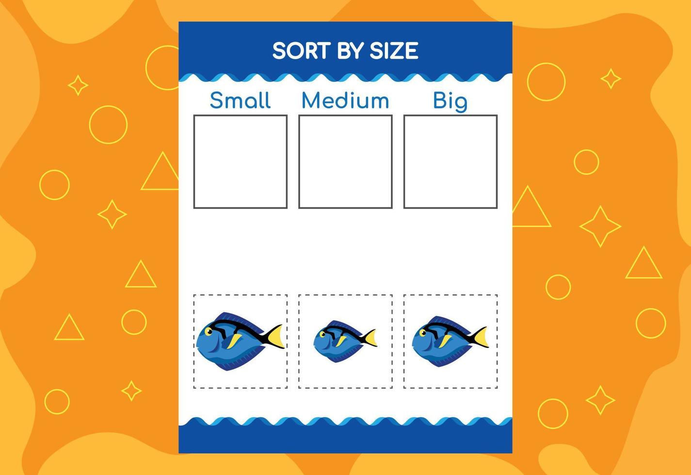 Sort images by size. Educational Worksheet For Kids. vector