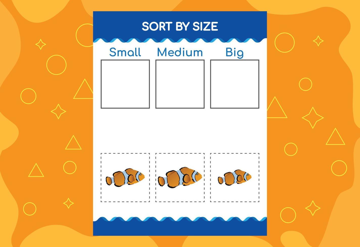 Sort images by size. Educational Worksheet For Kids. vector