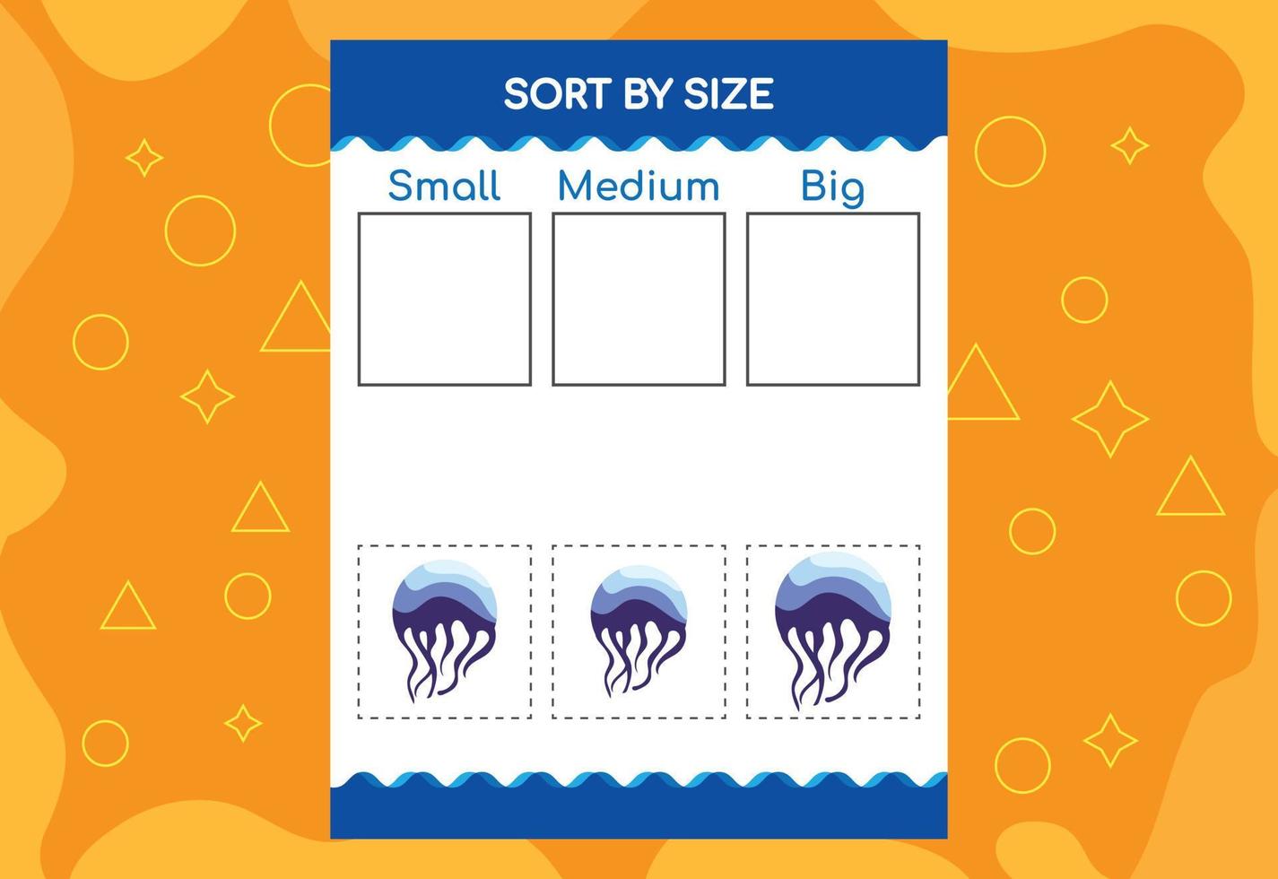 Sort images by size. Educational Worksheet For Kids. vector