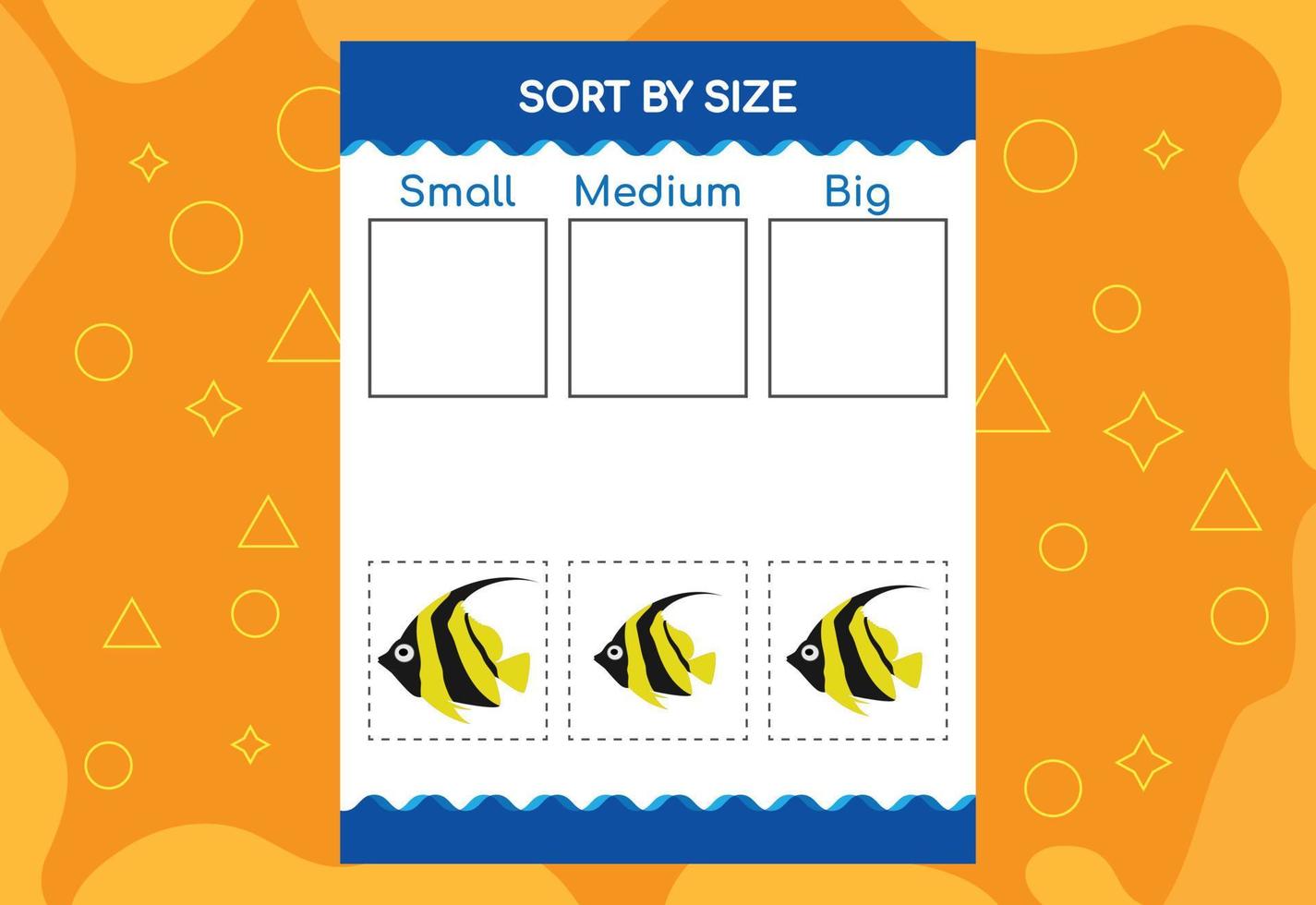 Sort images by size. Educational Worksheet For Kids. vector