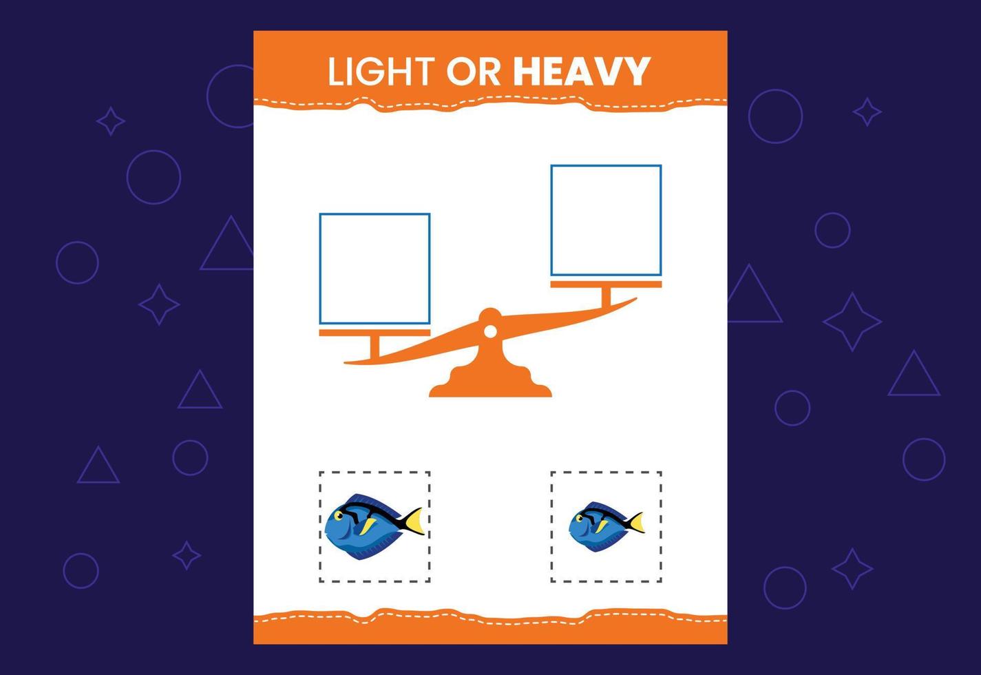 Light or heavy educational worksheet with scales. Heavier and lighter weight object learning vector