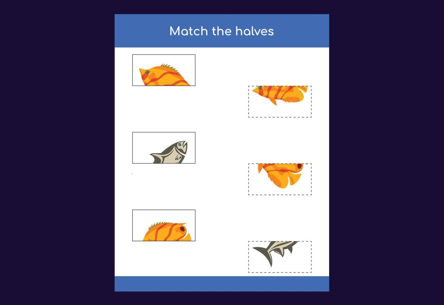 Matching game. Match halves of fish. Educational game for children, printable worksheet vector