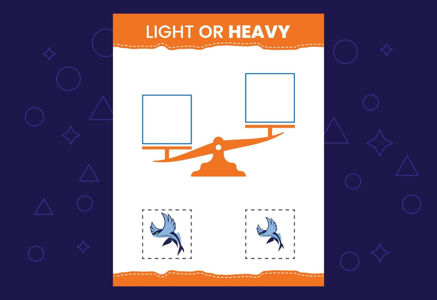 Light or heavy educational worksheet with scales. Heavier and lighter weight object learning vector