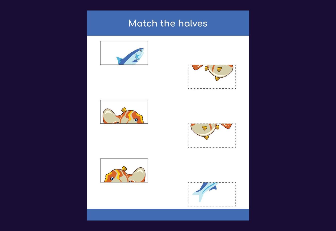 Matching game. Match halves of fish. Educational game for children, printable worksheet vector