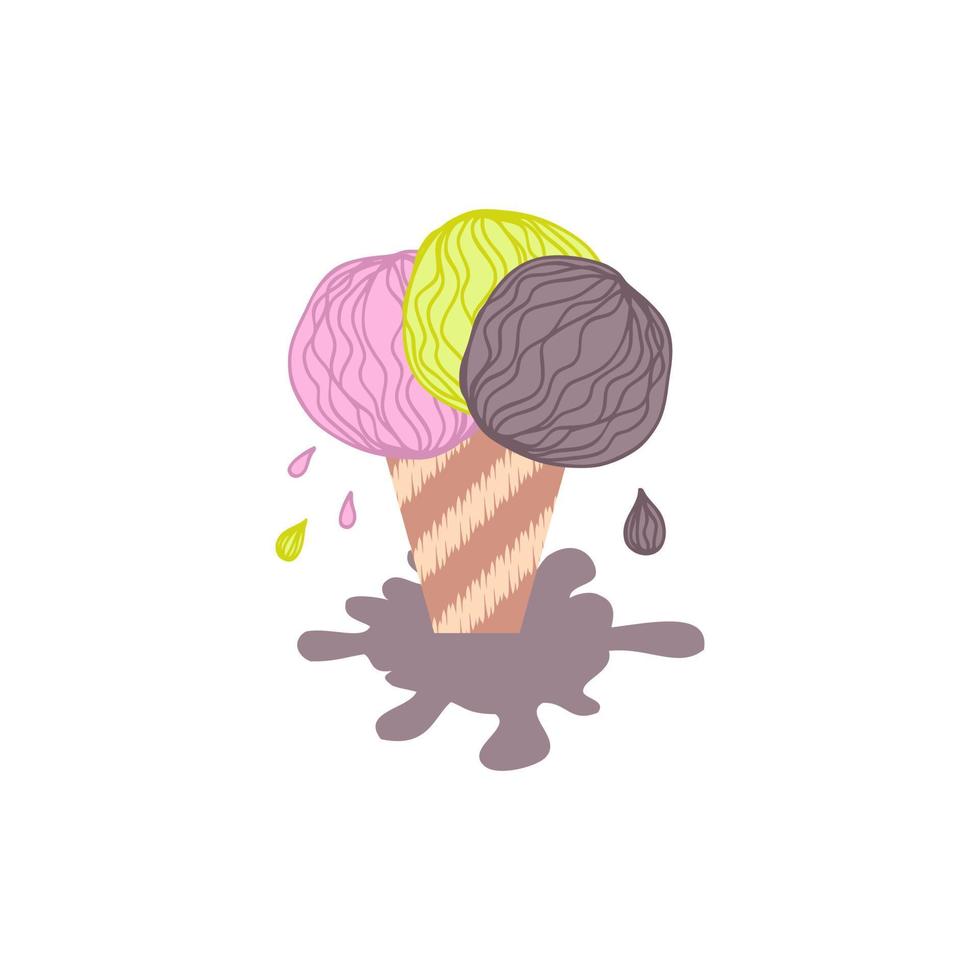 Doodle derritiendo una taza de helado variada con gotas y charco. vector