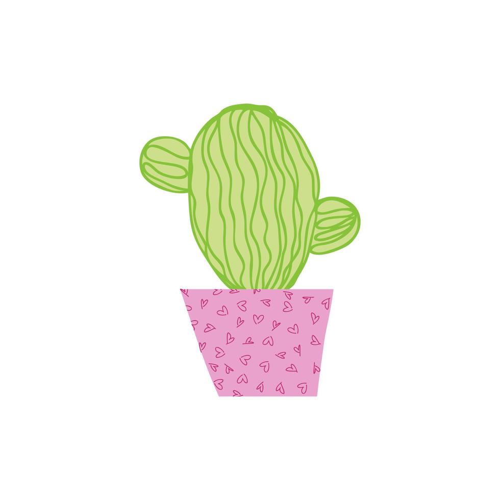 Doodle cactus lindo y espinoso en una olla con corazones. vector