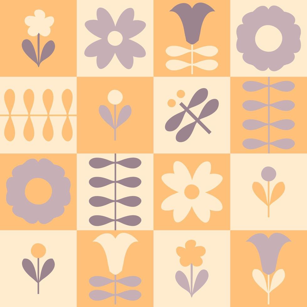 Hippie aesthetic seamless pattern with flowers in 1970s style. vector