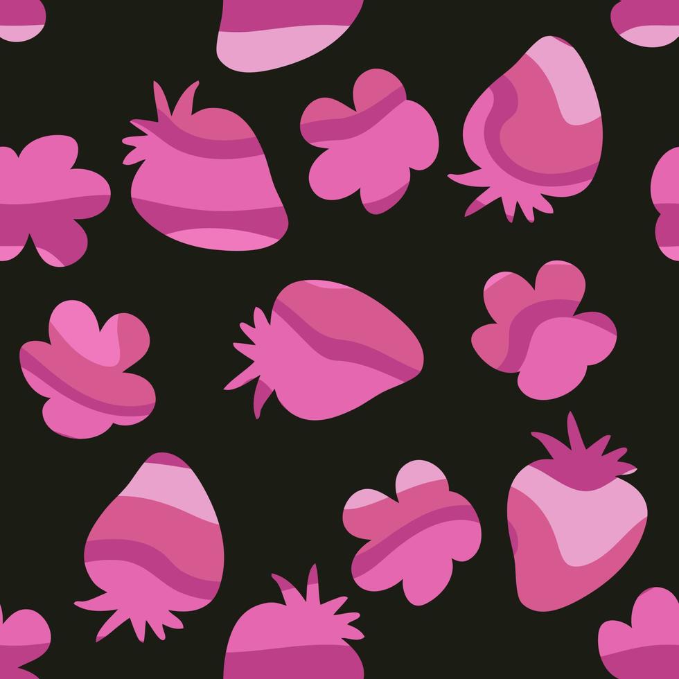 Wavy silhouette seamless pattern with strawberries and flowers. vector