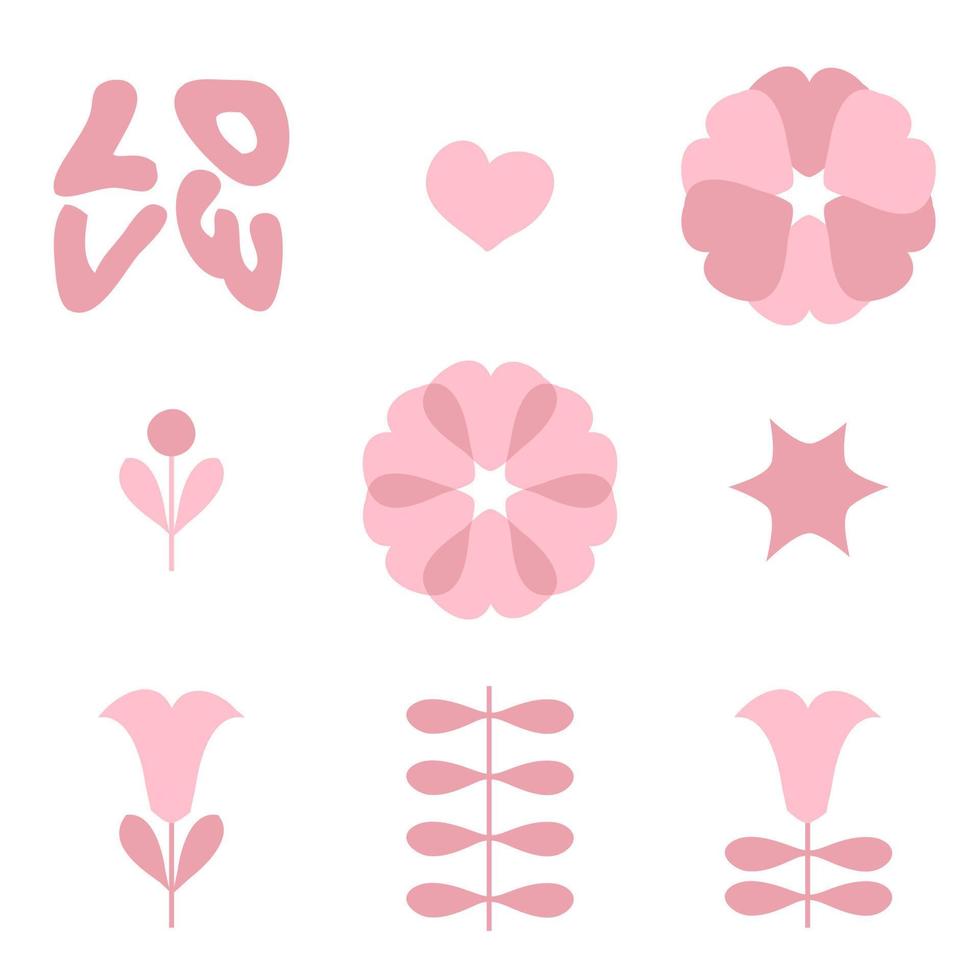 Romantic collection with tulip flowers, hearts, leaves and text LOVE. vector