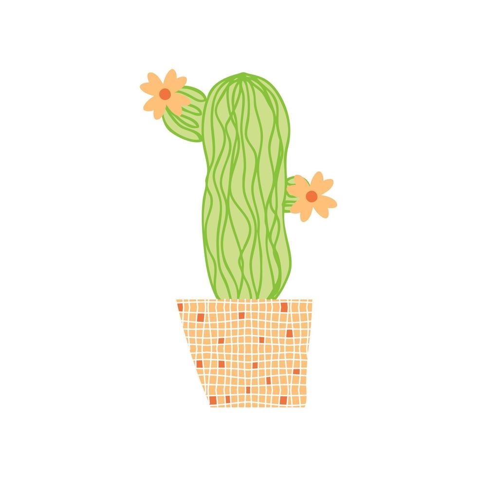 Doodle lindo cactus floreciente en una olla a cuadros. vector