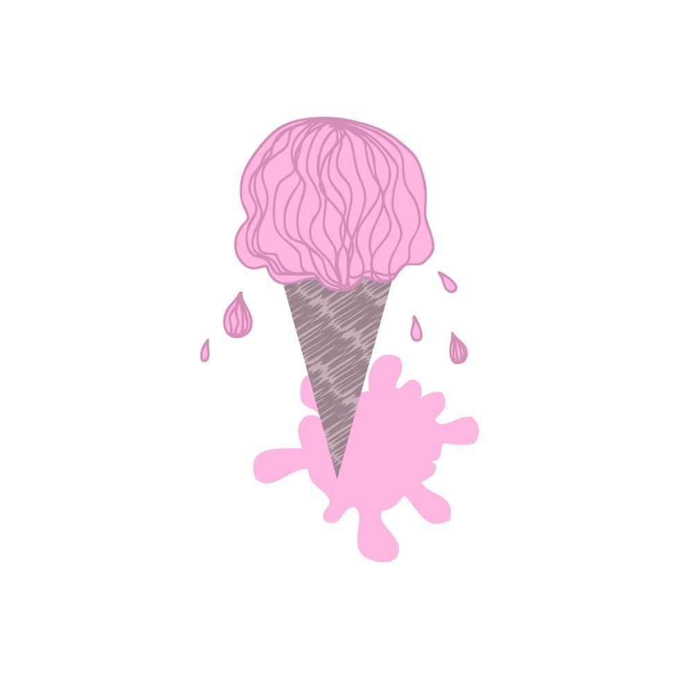 Doodle dripping ice cream strawberry cone with drops and puddle. vector