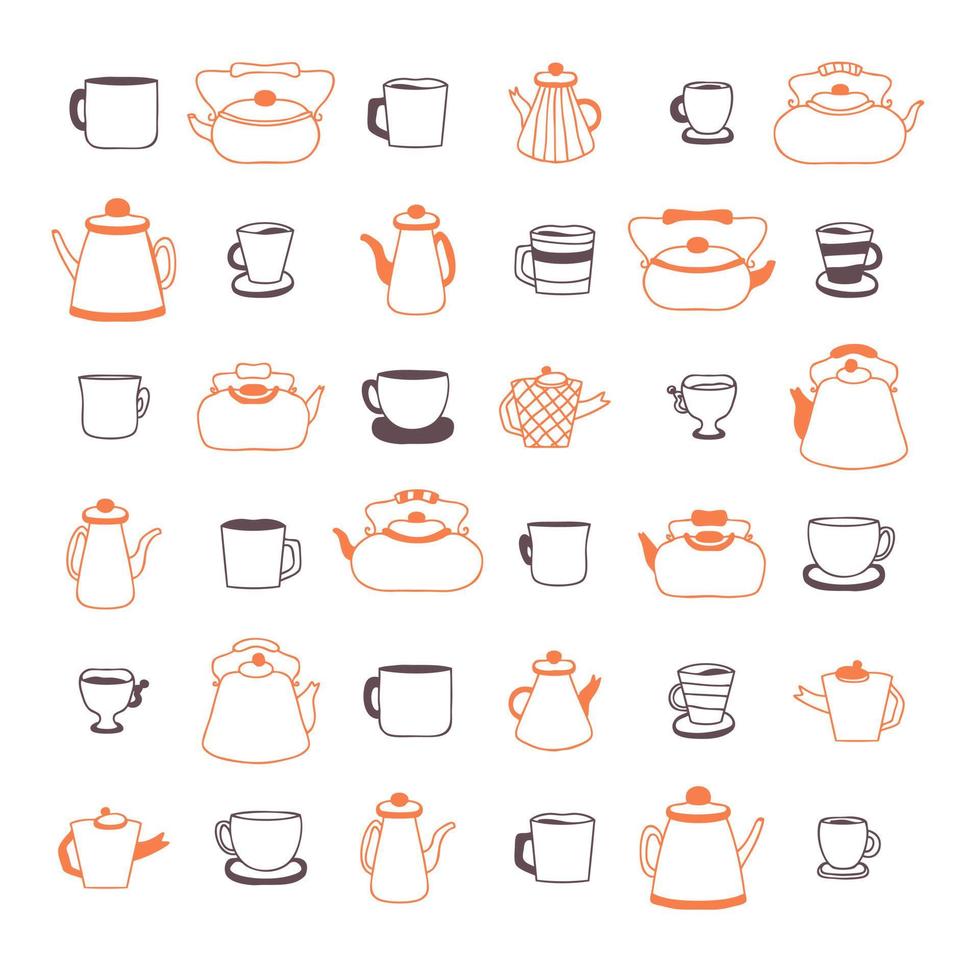 Doodle teapot, cups and mugs simple collection. vector