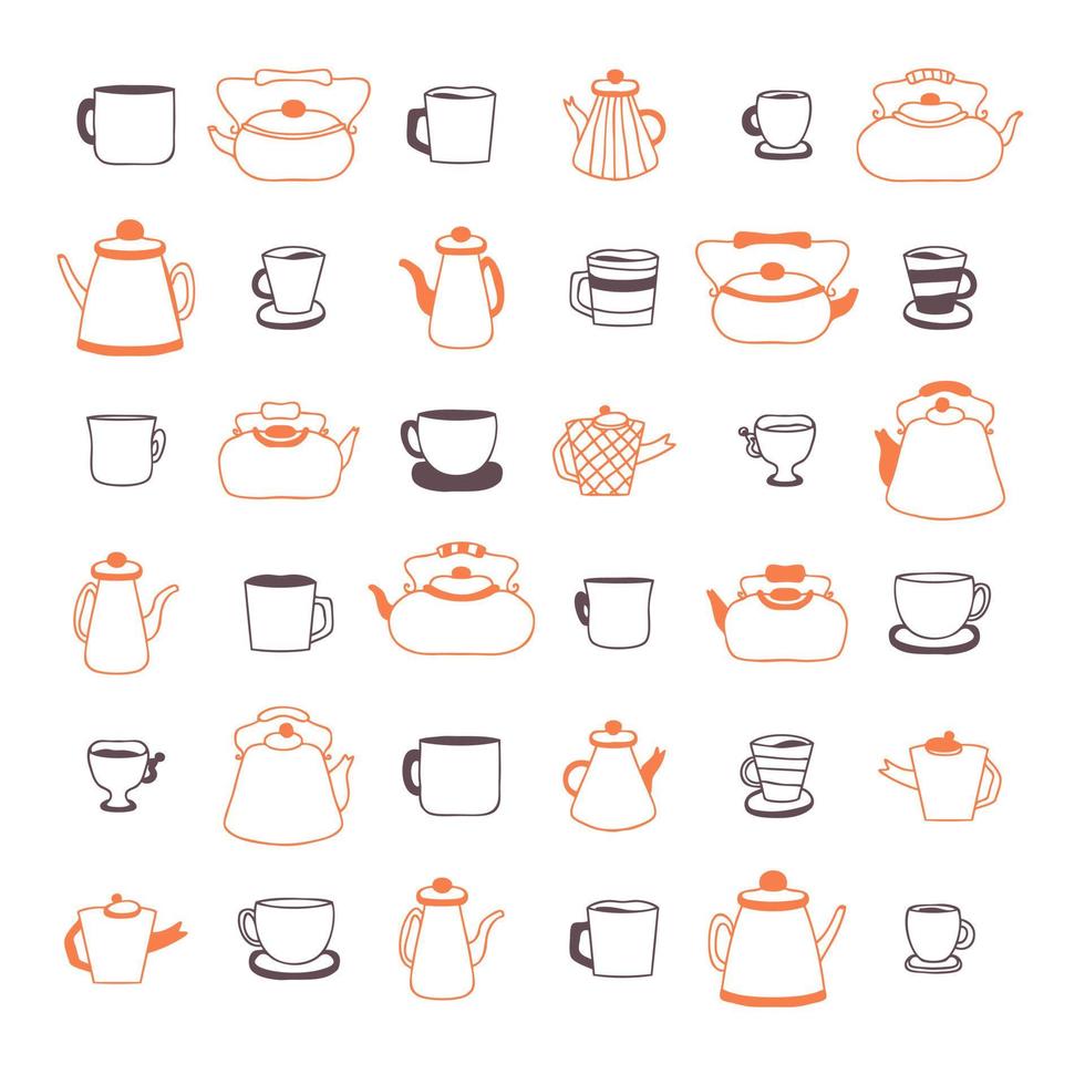 Doodle tetera, tazas y tazas de colección simple. vector