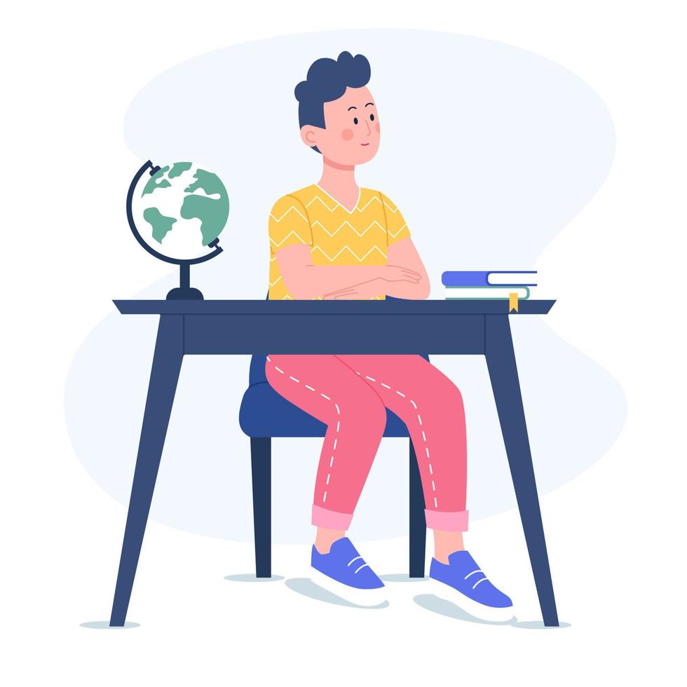 Boy sitting at a desk. Smiling boy studies at school. Flat vector illustration.