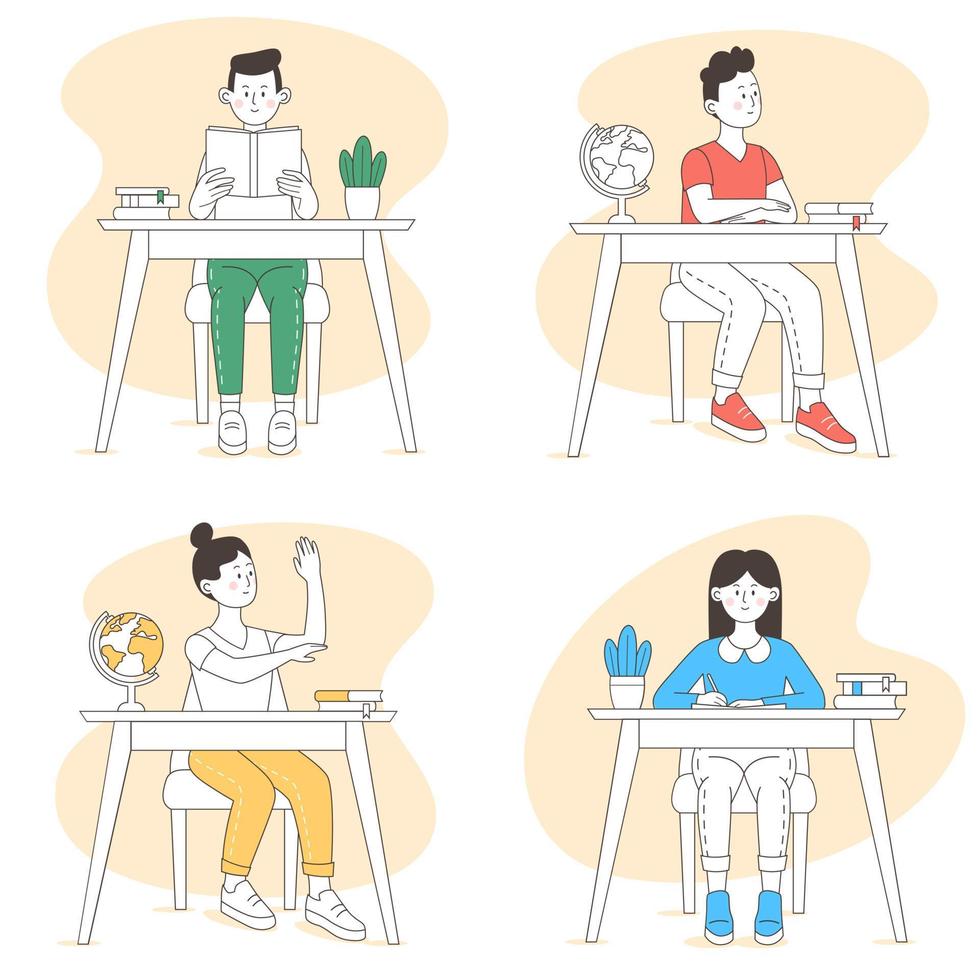 Set of pupils at a desk. Boys and girls are studying, reading, and writing at school. Line art. Vector illustration.