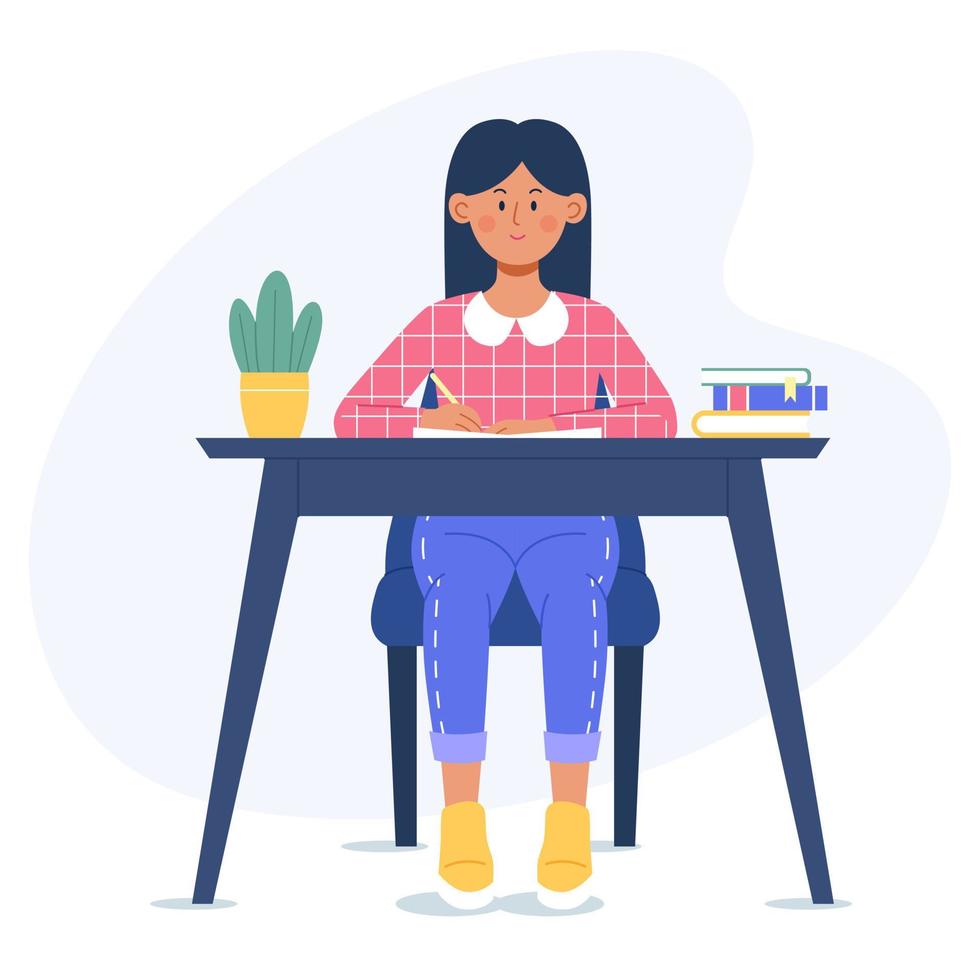 Girl writing a notebook sitting at a desk. Smiling girl doing homework. Flat vector illustration.