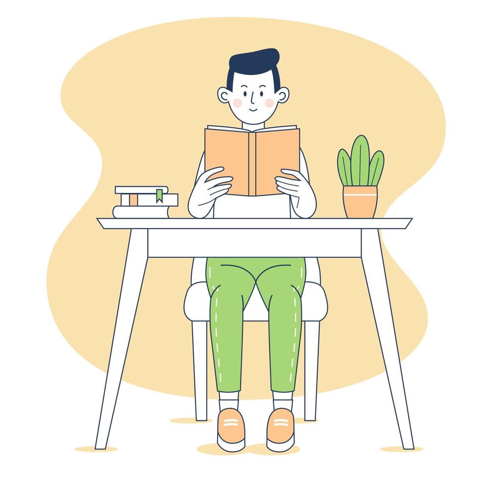 Boy reading a book sitting at a desk. Smiling boy doing homework. Line art. Vector illustration.