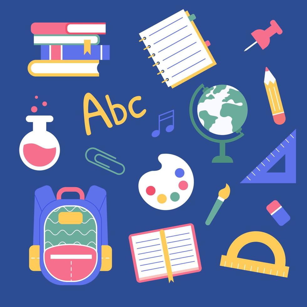 Set of school supplies and stuff. Back to school concept. Flat vector illustration.