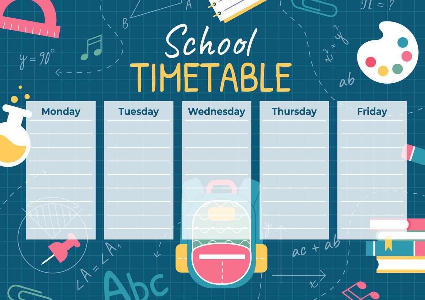 horario escolar, horario de clases semanales sobre fondo de pizarra verde. horario escolar vectorial con notas de tiza en la pizarra, suministros educativos coloridos. vector