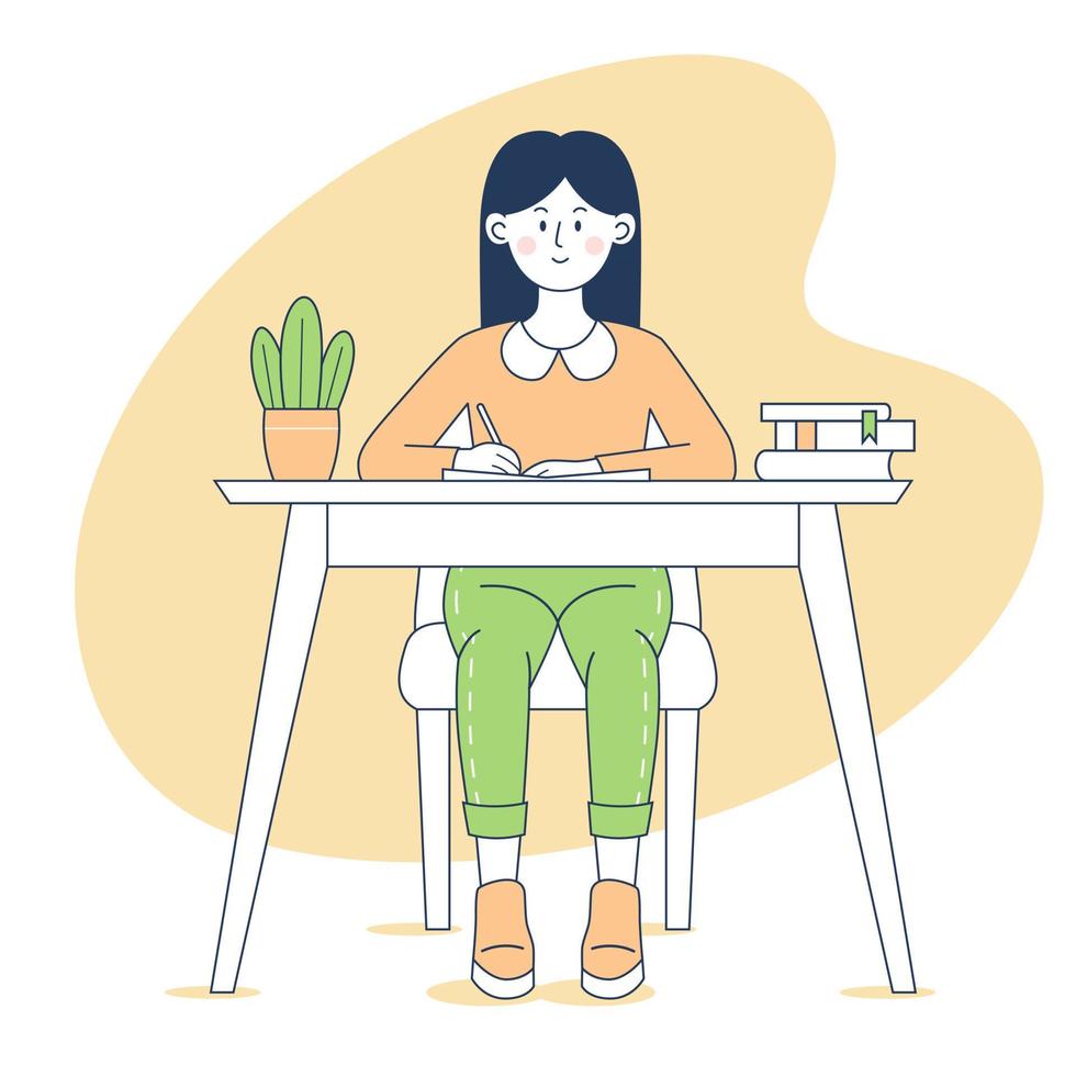 Girl writing a notebook sitting at a desk. Smiling girl doing homework. Line art. Vector illustration.