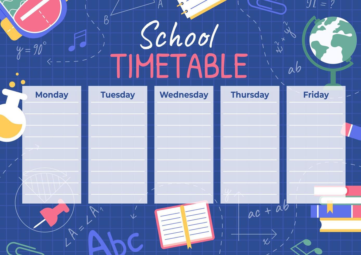 School timetable, weekly classes schedule on blue blackboard background. Vector school timetable with chalk notes on the board, colorful education supplies.