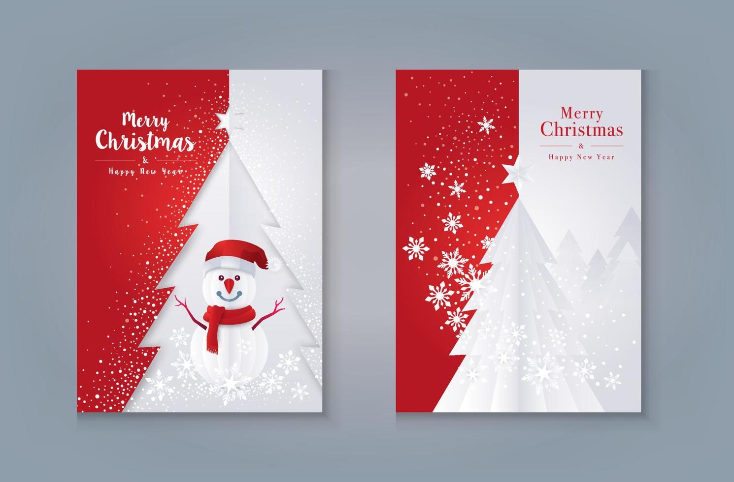 diseño de tarjeta de felicitación de feliz navidad. árbol de navidad rojo y blanco y muñeco de nieve con copo de nieve vector