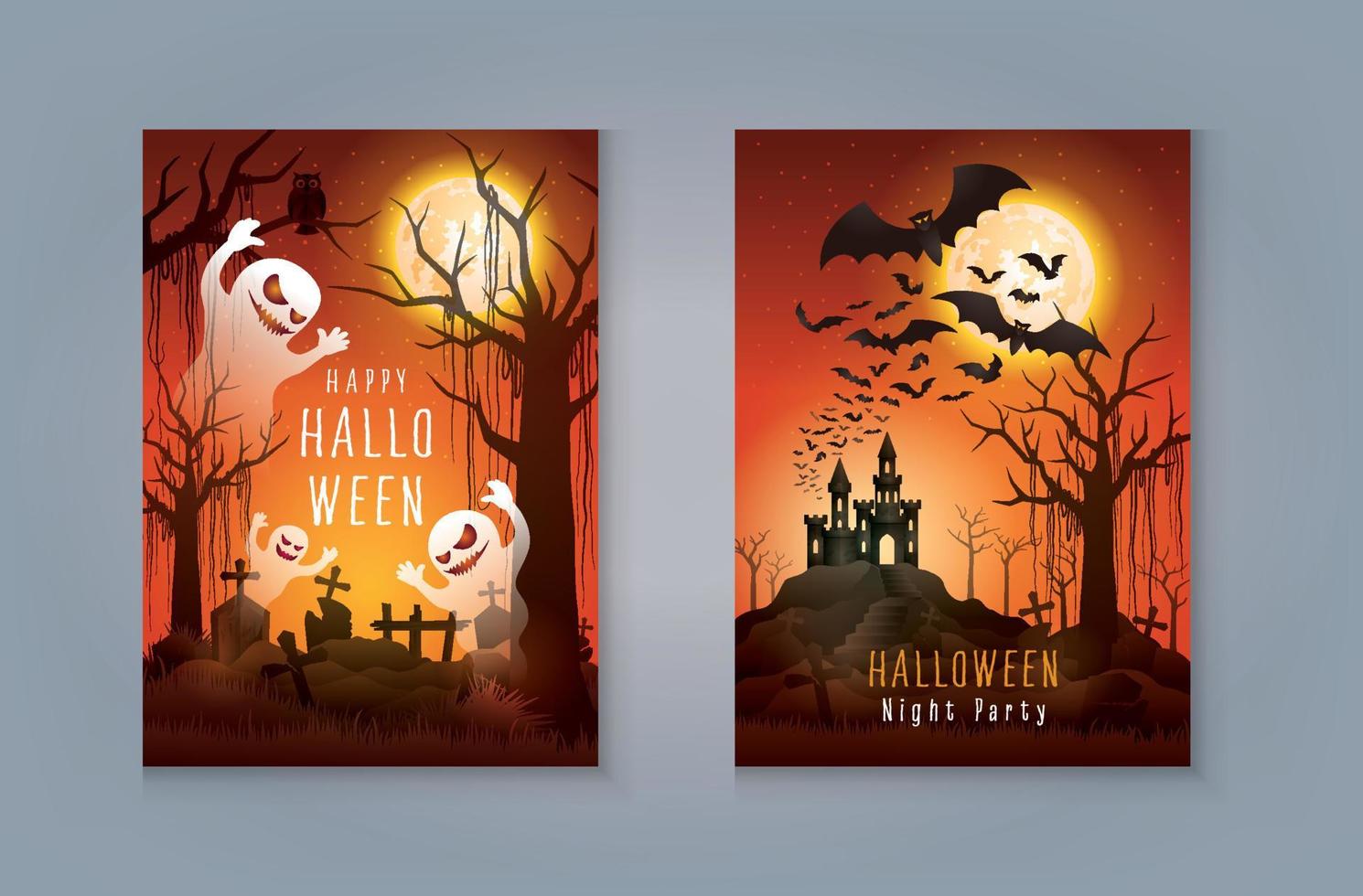 Ghost with graveyard and castle. Halloween scene with a haunted house and bats, moon Background. Happy Halloween Night Party greeting card vector
