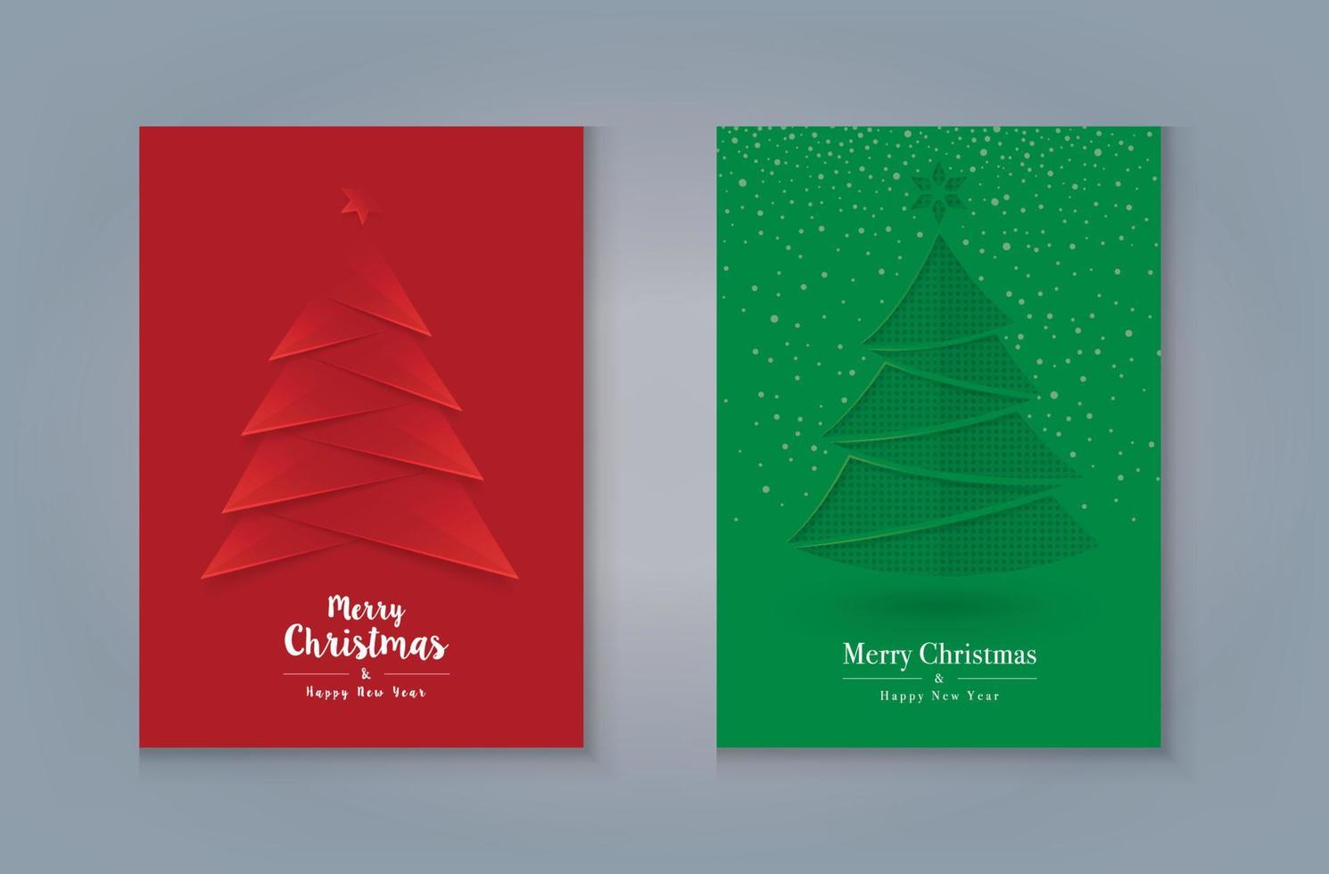 Merry Christmas Greeting card Design. Red and Green Christmas Tree and Snow. vector