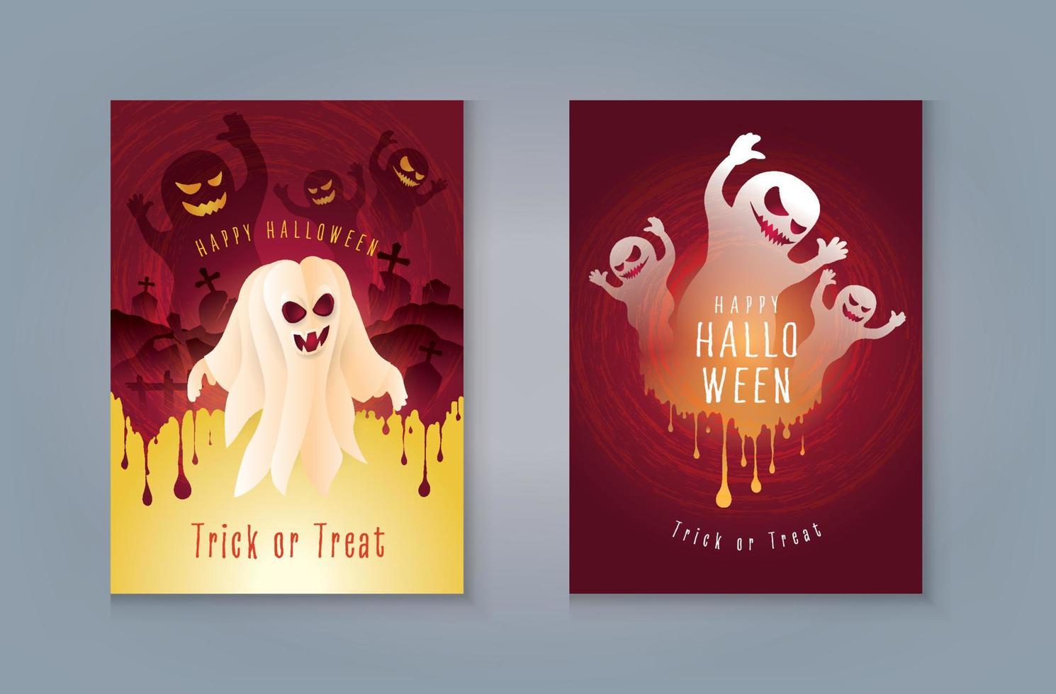 Ghost with graveyard and blood. Set of Abstract Halloween Background, Happy Halloween Night Party greeting card. vector