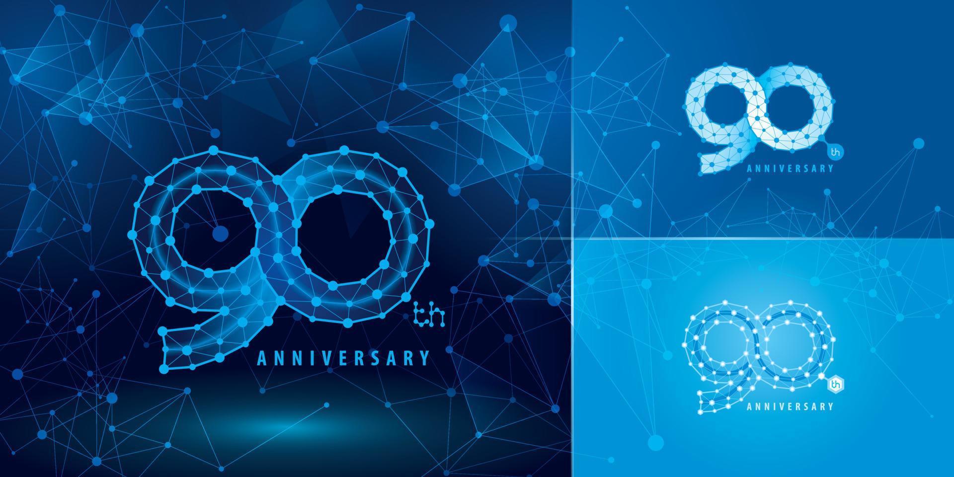 conjunto de diseño de logotipo del 90 aniversario, noventa años celebrando el logotipo del aniversario, número de tecnología de puntos conectados abstractos, logotipo infinito vector