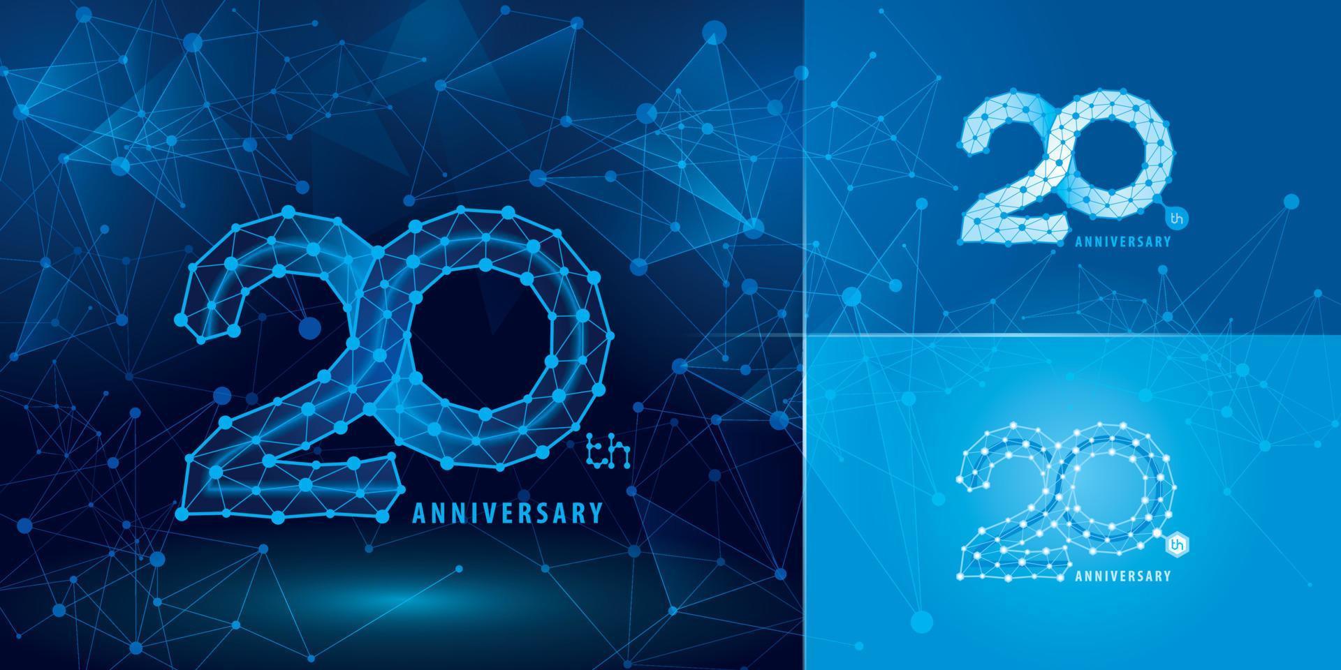 conjunto de diseño de logotipo del vigésimo aniversario, veinte años celebrando el logotipo del aniversario, número de tecnología de puntos conectados abstractos, logotipo infinito vector