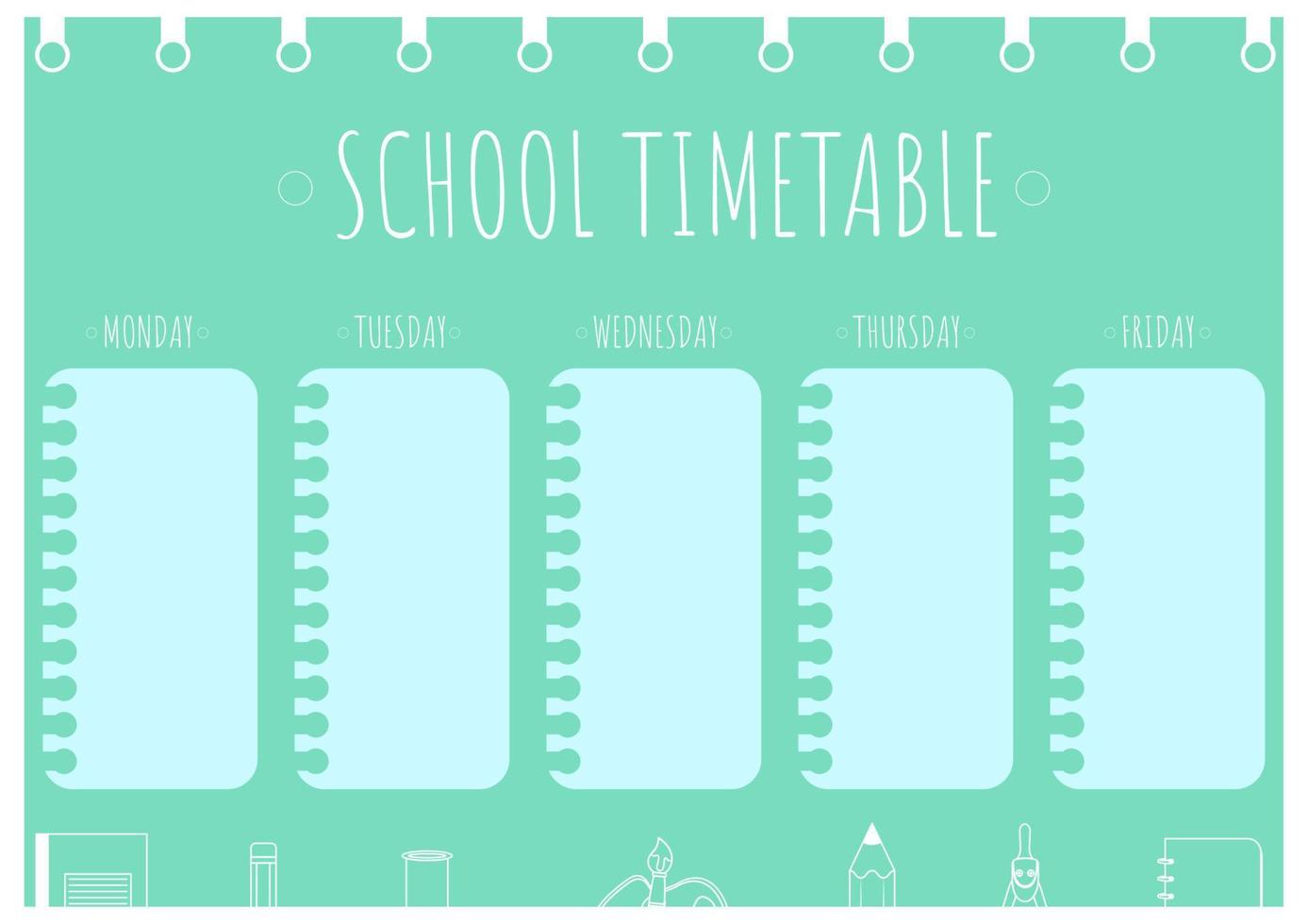 School timetable template for kids. Back to School. Weekly planner with school supplies in line art style. vector