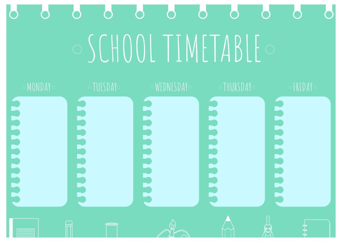 plantilla de horario escolar para niños. De vuelta a la escuela. planificador semanal con útiles escolares en estilo de arte lineal. vector