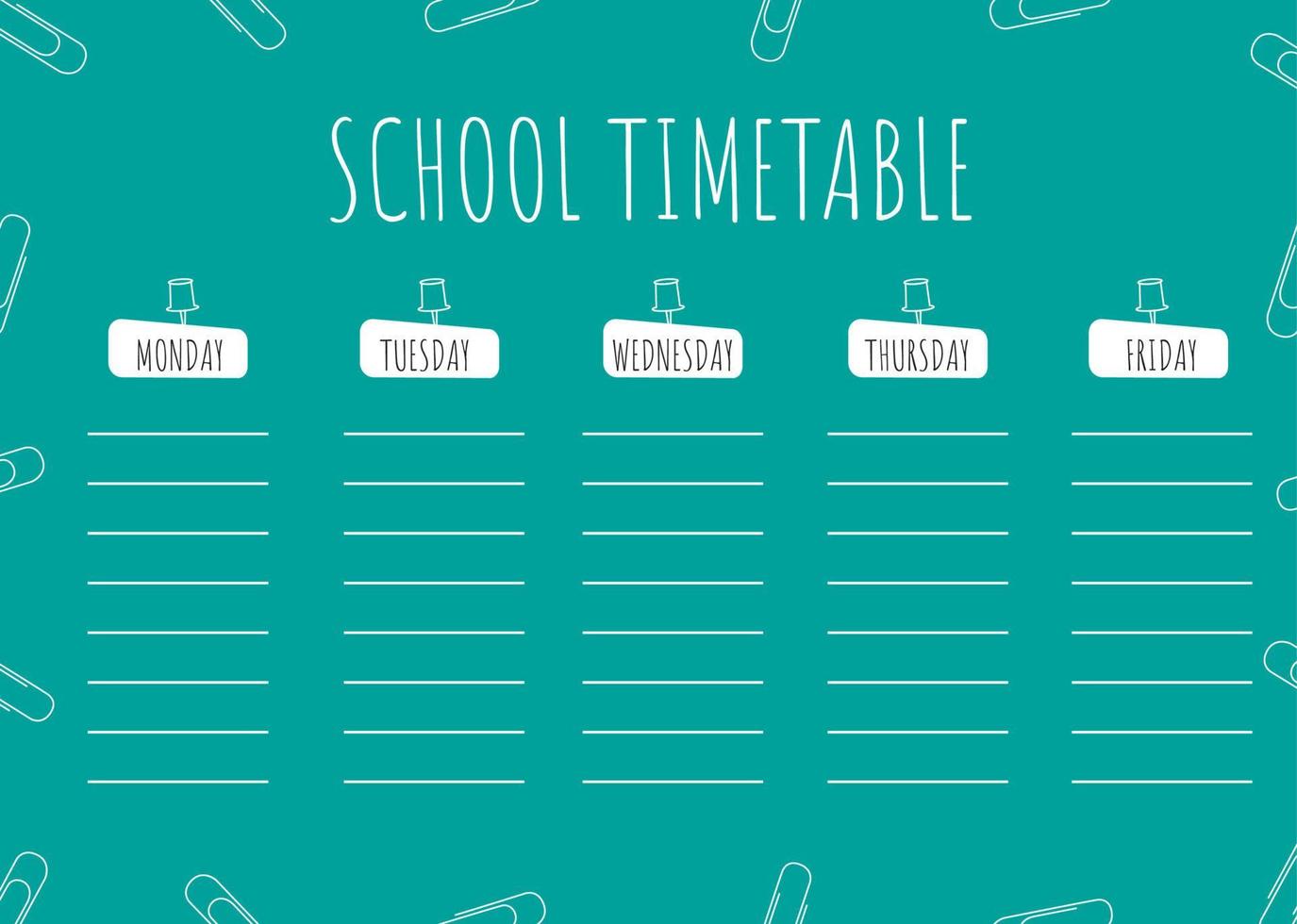 School timetable template for kids with clips in line art style.  Weekly planner. Paper with lines. Schedule design template. vector