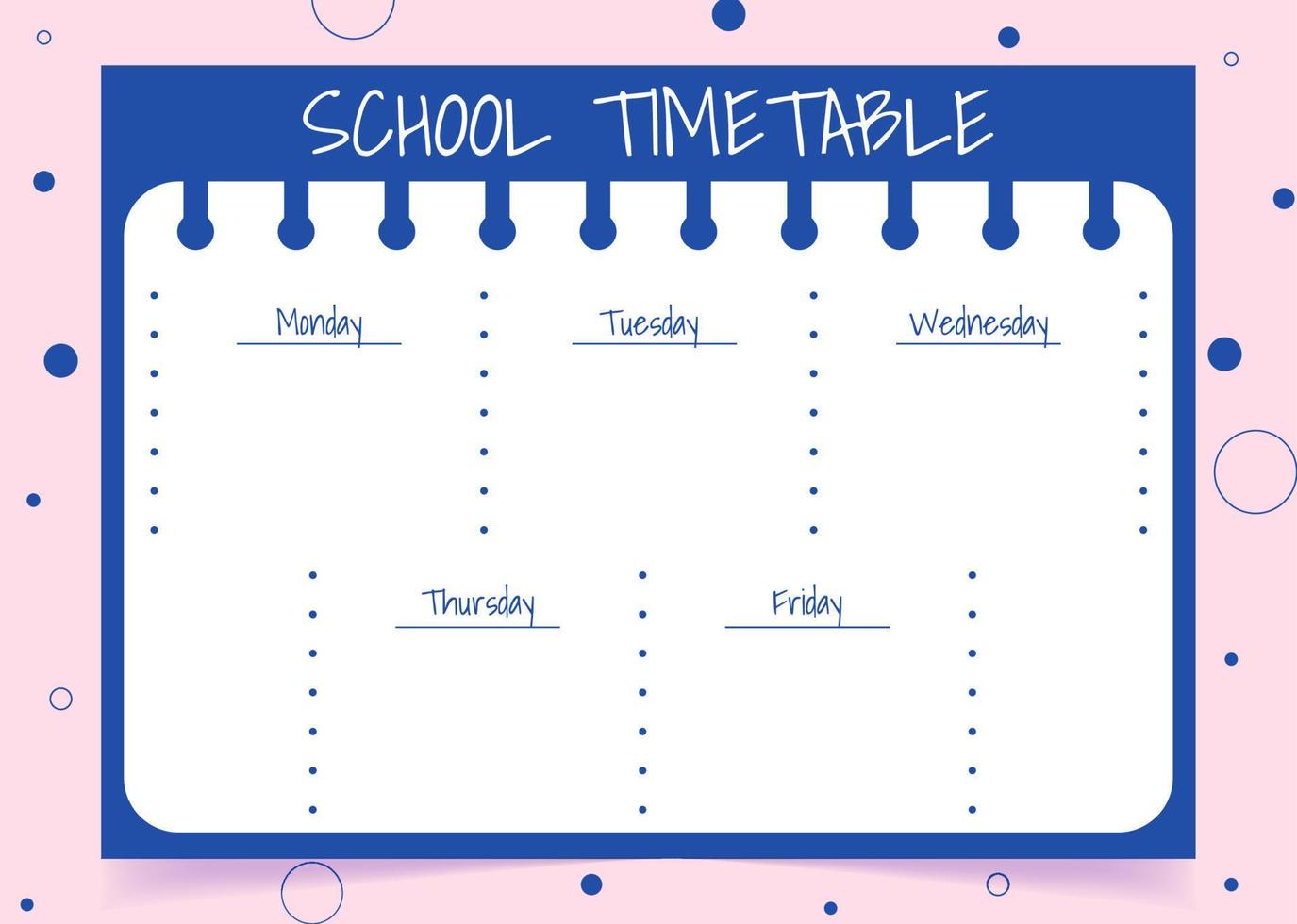 School timetable template for kids. Red color schedule. Weekly planner. Paper with dots. Schedule design template. vector