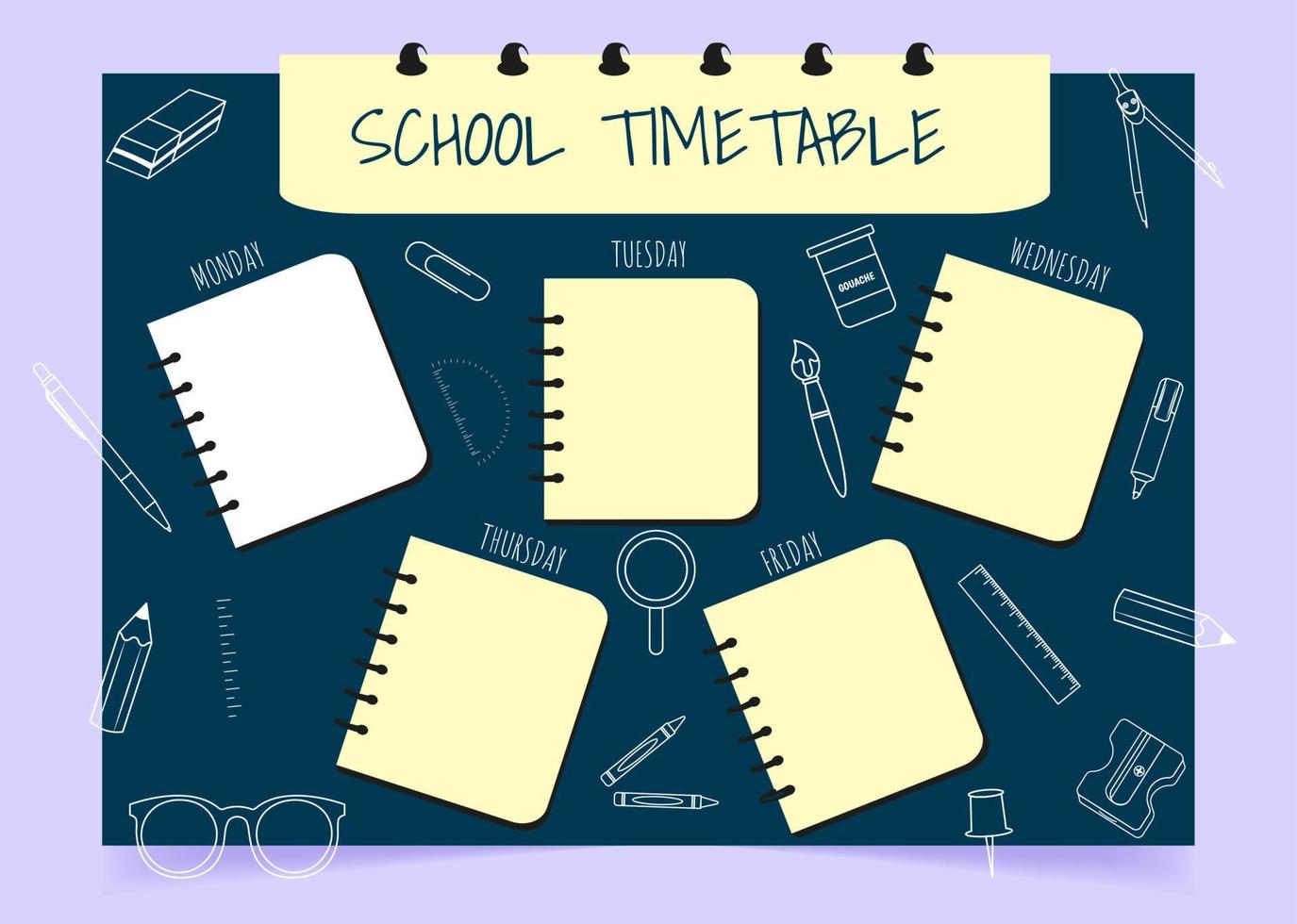 School schedule. Timetable for kids with supplies. Weekly time table with day of the week. Educational classes diary. A4 paper size. vector