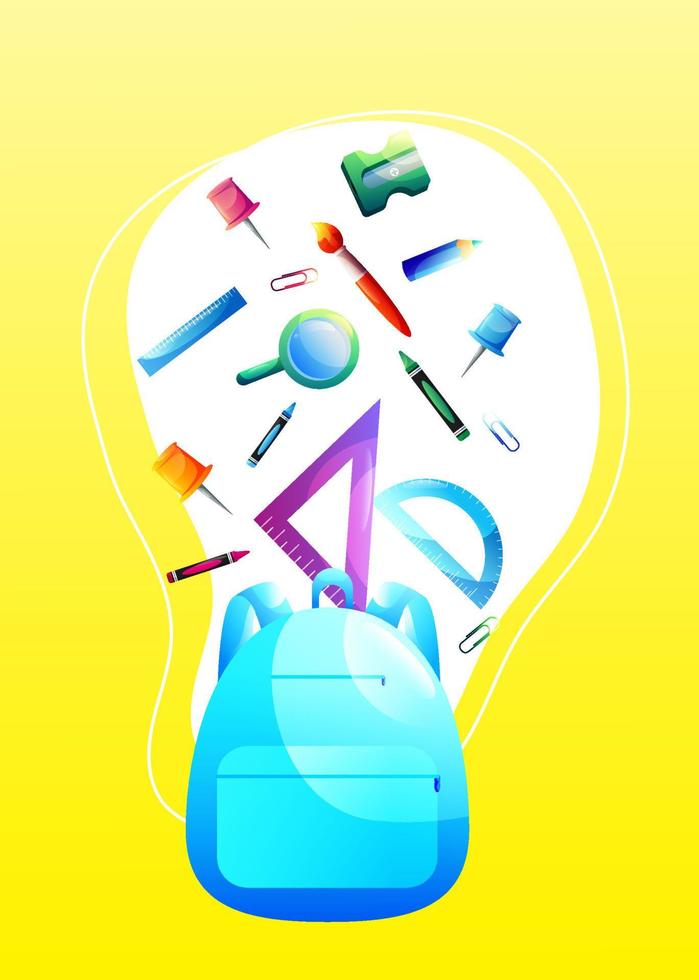 Back to school poster with backpack and school supplies. Vector illustration.